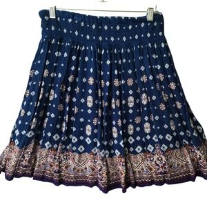 Life Style Blue Boho Paisley Print Smocked Waist Midi Skirt Size L